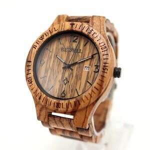 Bewell Mens Wooden 44mm Date Watch Hand Crafted Wood Bracelet w New Battery